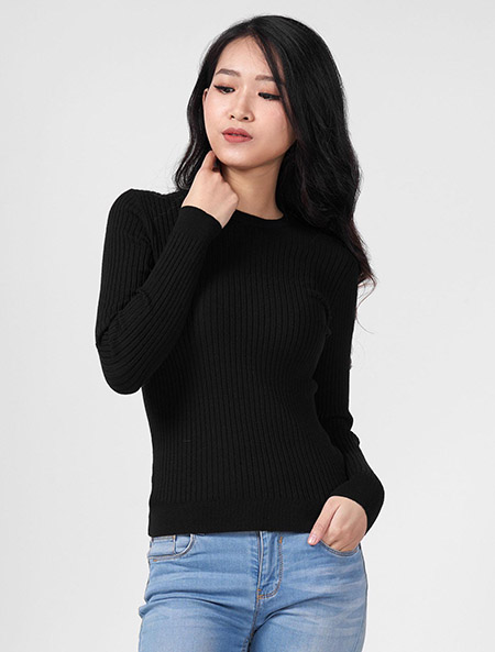 Áo len nữ mỏng, cổ tròn dài tay dệt đố